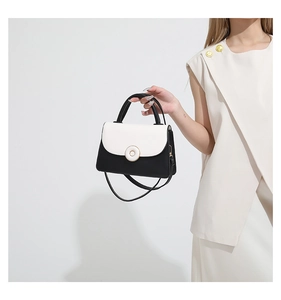 Close-up of a black and white leather handbag with a gold metal round clasp and top handle
