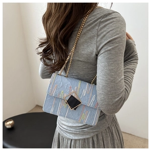 Light blue embroidered chain shoulder bag with embossed floral texture and metal lock