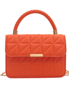 Chic orange quilted crossbody bag with gold chain strap and woven top handle for women