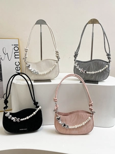 Ruched PU Leather Crossbody Underarm Bag With Artificial Pearl Chain And Metal Heart Charm Fashion Women Shoulder Bag