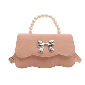 Pink marble texture small square bag with pearl handle and silver bow detail