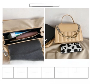 Tabella taglie dettagliata per borsa a tracolla trapuntata beige con dimensioni e capacità