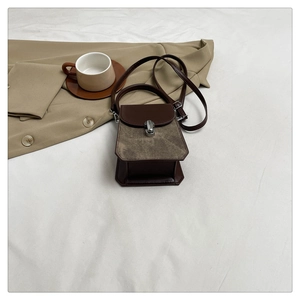 Detail of a brown leather and canvas mini handbag with silver buckle on white fabric