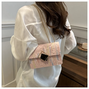 Close-up of pink chain bag with F-pattern texture and colorful striped embroidery