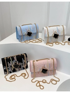 Women Crossbody Bag PU Leather Colorful Stripe Embroidery Geometric Buckle Gold Chain Strap Trendy Shoulder Square Purse