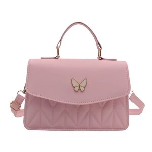 Pink crossbody bag with embroidered butterfly decor and quilted texture for women