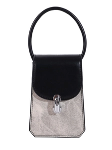Minimalist French style small tote bag with black leather flap and grey fabric base