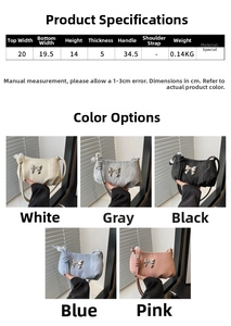 Size chart showing dimensions and colors of the bow-decorated shoulder bag for women