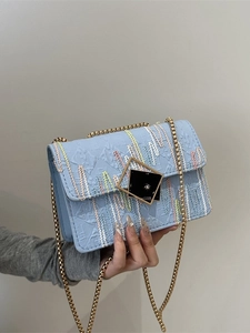 Light blue crossbody square bag with colorful wave embroidery and gold chain strap