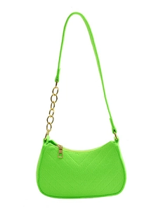Neon green V-quilted half-moon shoulder bag with gold metal chain accent and strap