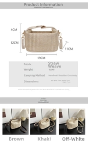 Size chart for straw crossbody bag with dimensions, weight details and color options
