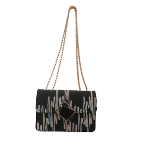 Fashionable black chain shoulder bag with colorful zigzag embroidery and gold buckle
