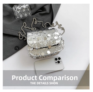 Macro detail of a silver sequin crossbody bag with a slim metallic chain shoulder strap