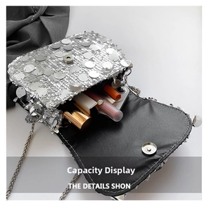 Detail view of silver sequin crossbody bag interior showing daily storage capacity