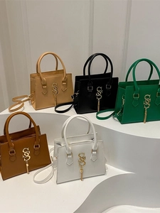 Women Fashion PU Leather Small Square Handbag With S Metal Logo And Tassel Detail Versatile Solid Color Crossbody Bag