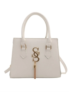 Minimalist white trapezoid handbag with gold S-logo and metal tassel detail