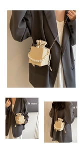 Detail of beige woven box bag featuring pearl handle and gold chain shoulder strap