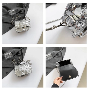 Detailed views of silver sequin mini bag showing chain, magnetic clasp, and interior