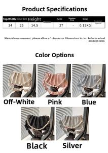 Detailed size chart for pleated handbag with beaded chain handle in multiple colors