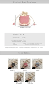Detailed product dimensions and color variants of the mini pearl bucket bag with chain strap