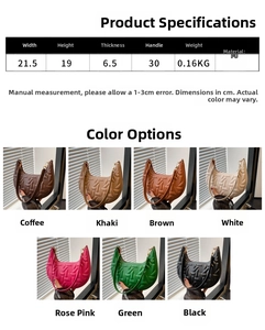Detailed size parameters and seven color options for the quilted crescent moon bag