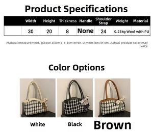 Detailed size specifications for the plaid shoulder bag with bow and material details