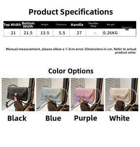 Size chart and specifications for PU leather saddle shoulder bag with dimensions and colors