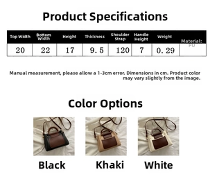 Size chart and dimensions for the contrast color Boston bag with PU material specifications