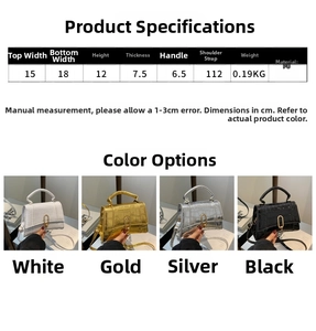 Detailed size chart for the PU leather handbag showing dimensions in cm and four colors