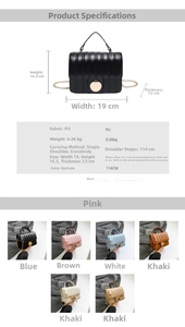 Detailed size chart and dimensions for the striped PU leather crossbody flap bag