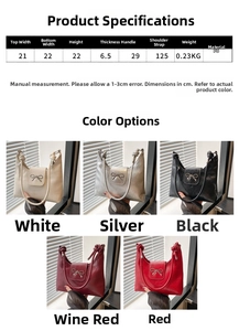 Detailed size chart and five color variants of the PU bow bucket bag with dimensions