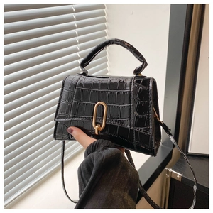 Detail of black crocodile pattern leather mini bag with elegant golden oval metal clasp
