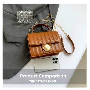 Detail of brown quilted bag with gold circular buckle and chain shoulder strap