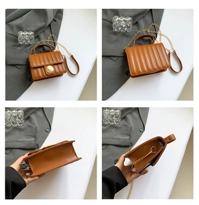 Detailed views of brown quilted handbag featuring gold twist lock and chain strap