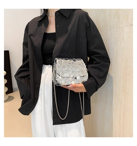 Detail of silver sequined crossbody bag with shimmering round sequins and chain strap