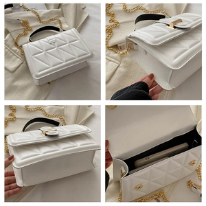 Detail shots of white quilted square bag showing gold metal lock and interior capacity