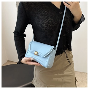 Detail of light blue crossbody bag with elegant gold metal buckle closure
