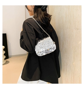 Silver sequin crossbody bag with metal chain strap shown on model in a modern room