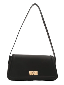 Minimalist black glossy leather tote bag with gold rectangular swivel lock and shoulder strap