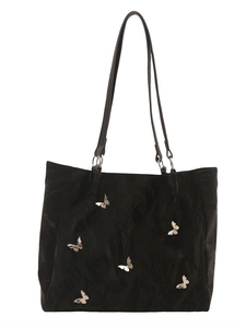 Elegant black bucket bag with silver butterfly charms and adjustable shoulder strap