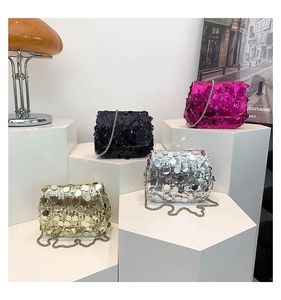 Group view of sequins crossbody chain bags in gold, silver, black and rose red colors