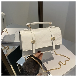 Detail of off-white pleated leather texture and gold chain strap on small square bag