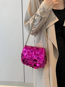 Fashionable rose red sequin crossbody bag with double silver chain straps for women