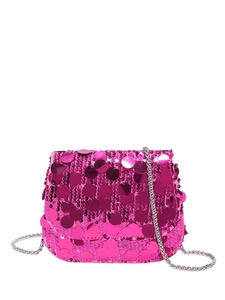 Stylish pink sequin crossbody chain bag with round metallic discs on white background