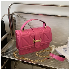 Detailed macro view of hot pink quilted crossbody bag with golden buckle and chain strap