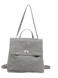 Grey pleated soft leather chain bag with silver lock for shoulder or backpack use