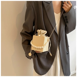 Detail of beige woven box bag with large pearl handle and gold chain strap on grey blazer