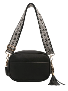 Borsa a tracolla nera minimalista con cinturino jacquard e dettaglio di nappa