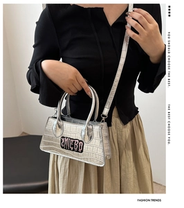 Silver crocodile texture handbag featuring ZMIEBO embroidery and metallic finish