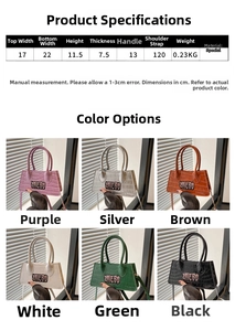 Detailed size chart and multi-color selection for crocodile pattern crossbody bag